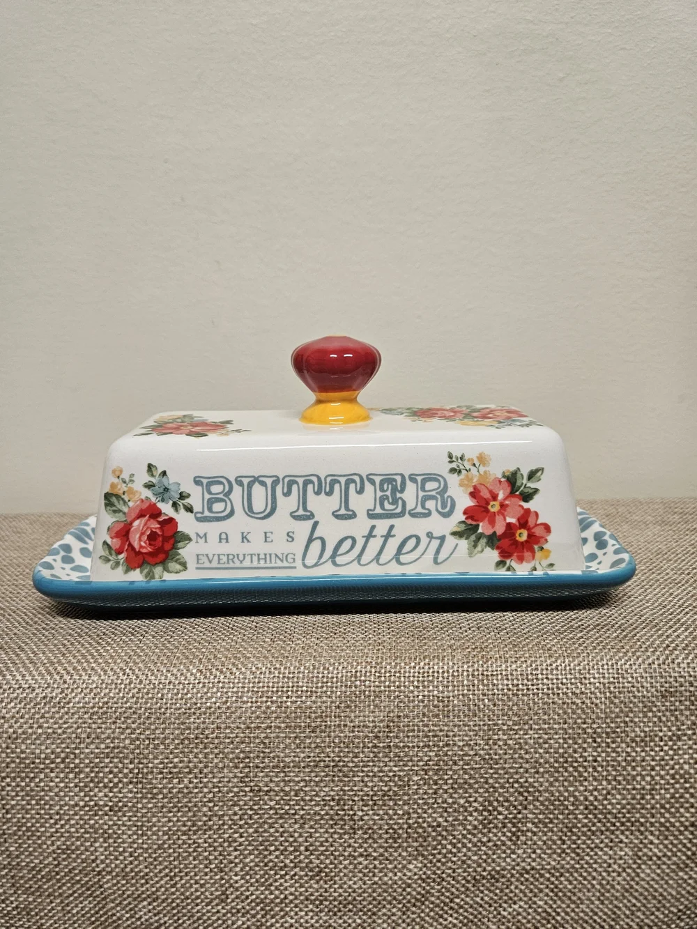 The Pioneer Woman Floral Butter Dish with Red Knob